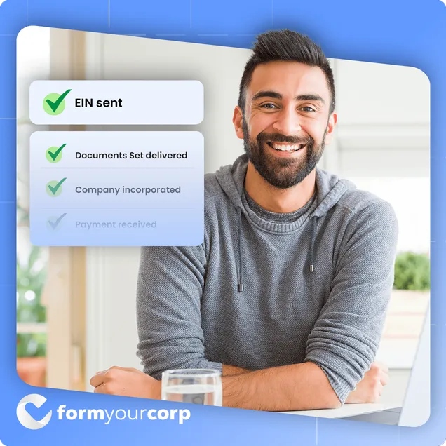 FormYourCorp process showing EIN sent, documents delivered, and company incorporated